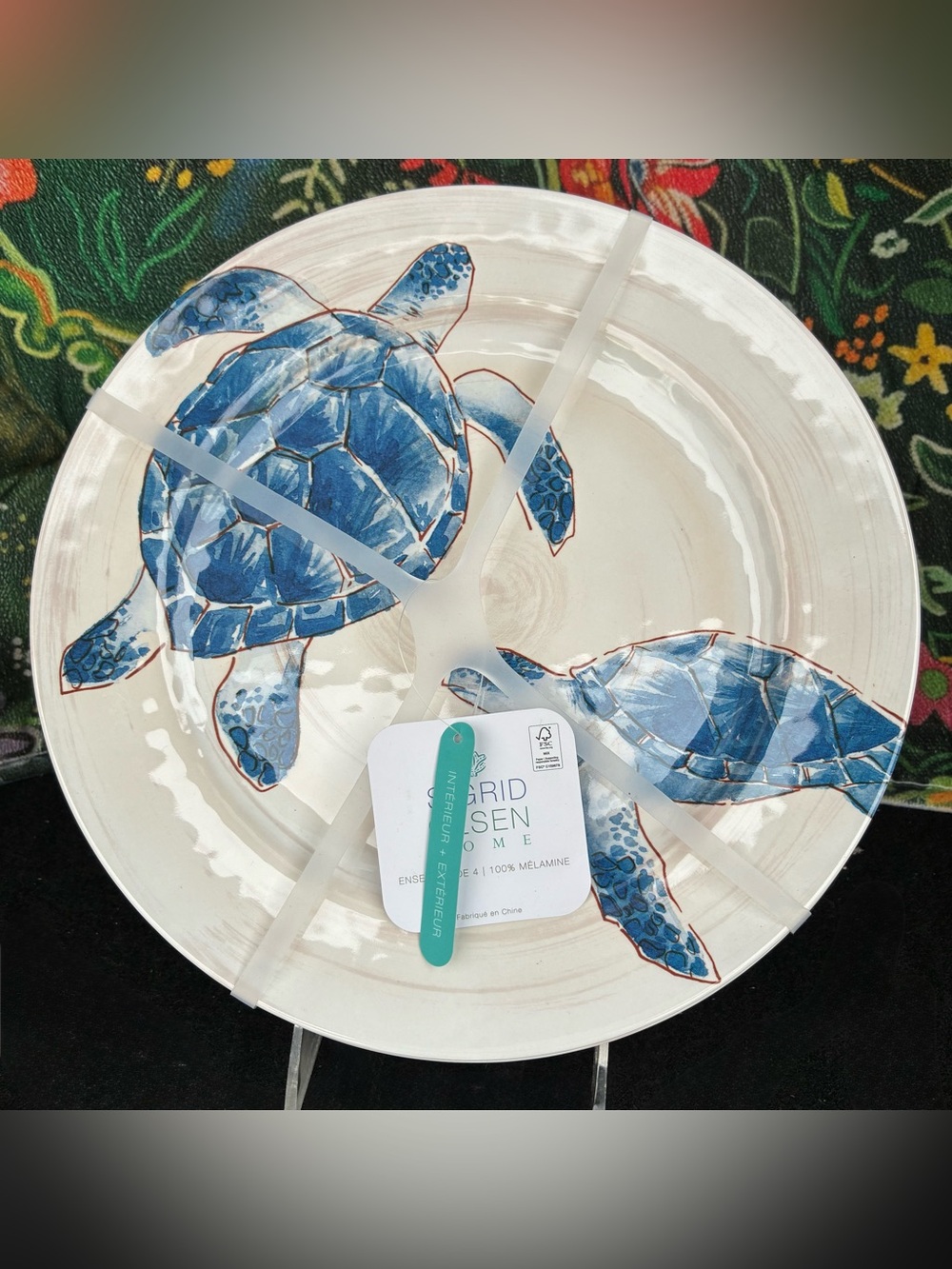 NWT 4 Sigrid Olsen Sea Turtle Melamine Dinner Plates Blue Coastal Beach 11"